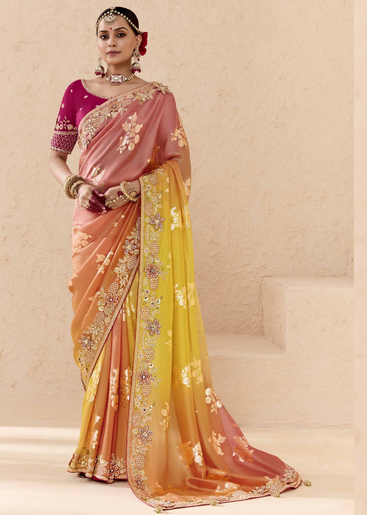 Ombre Peach Banarasi Silk Saree Online in India
