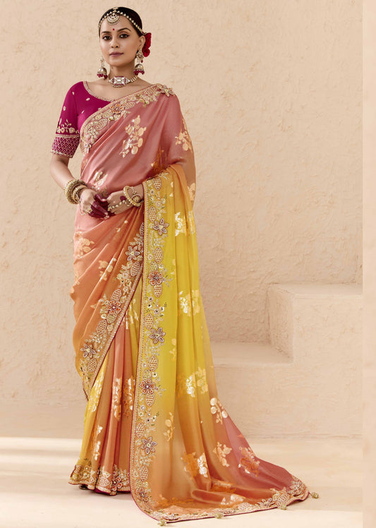 Ombre Peach Banarasi Silk Saree Online in India