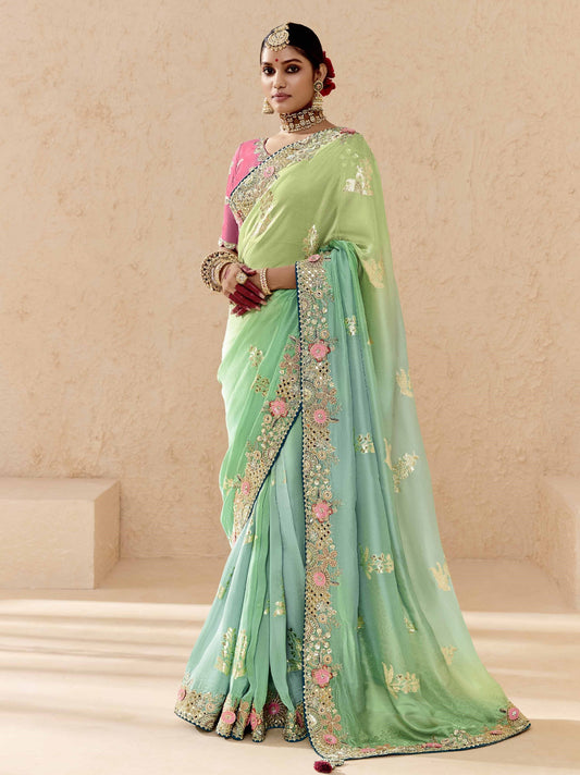 Ombre Mint Green Banarasi Silk Saree Online in India