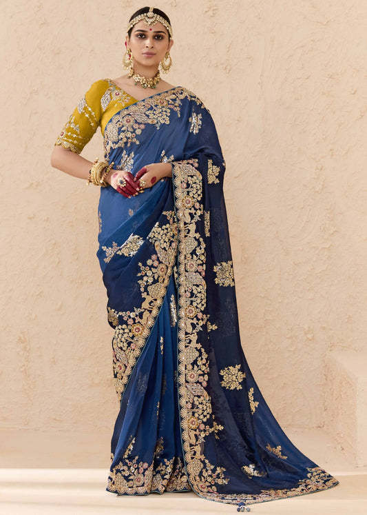 Ombre Navy Blue Banarasi Silk Saree Online in India