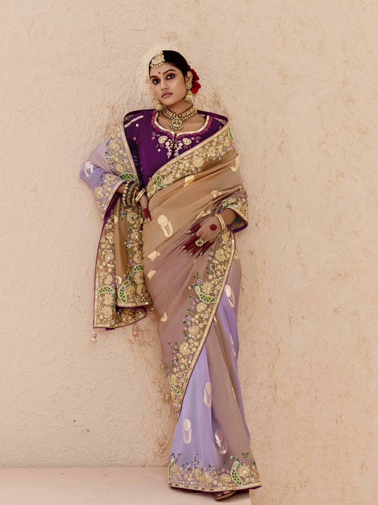 Ombre Beige Banarasi Silk Saree Onlne in India