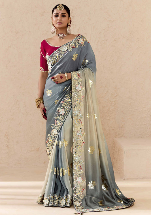 Ombre Grey Banarasi Silk Saree Online in India