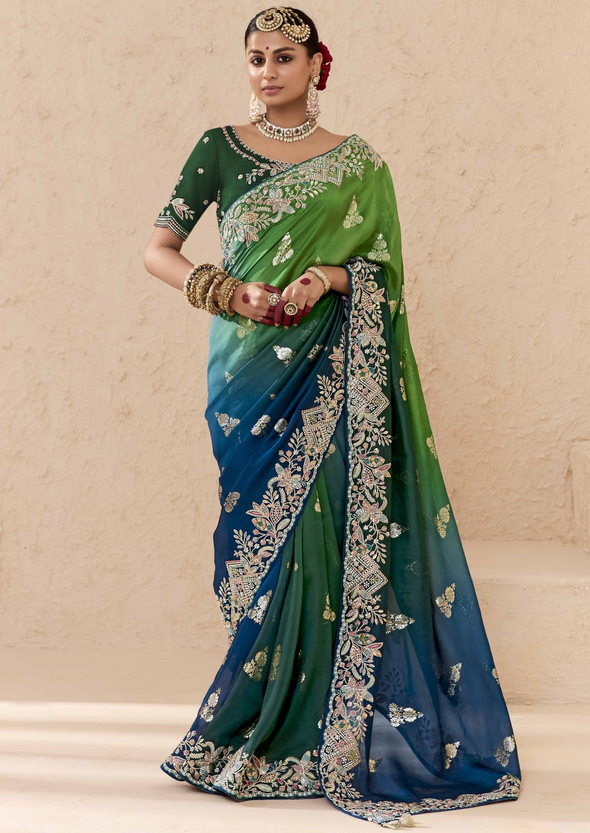 Ombre Green Banarasi Silk Saree Online in India