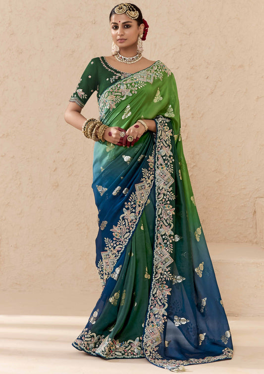 Ombre Green Banarasi Silk Saree Online in India