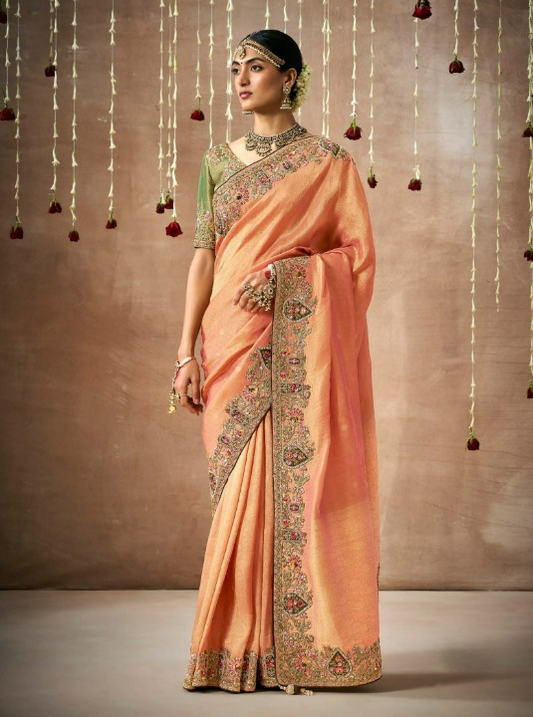 Shop Peach  Bridal Banarasi Sarees online at STORI
