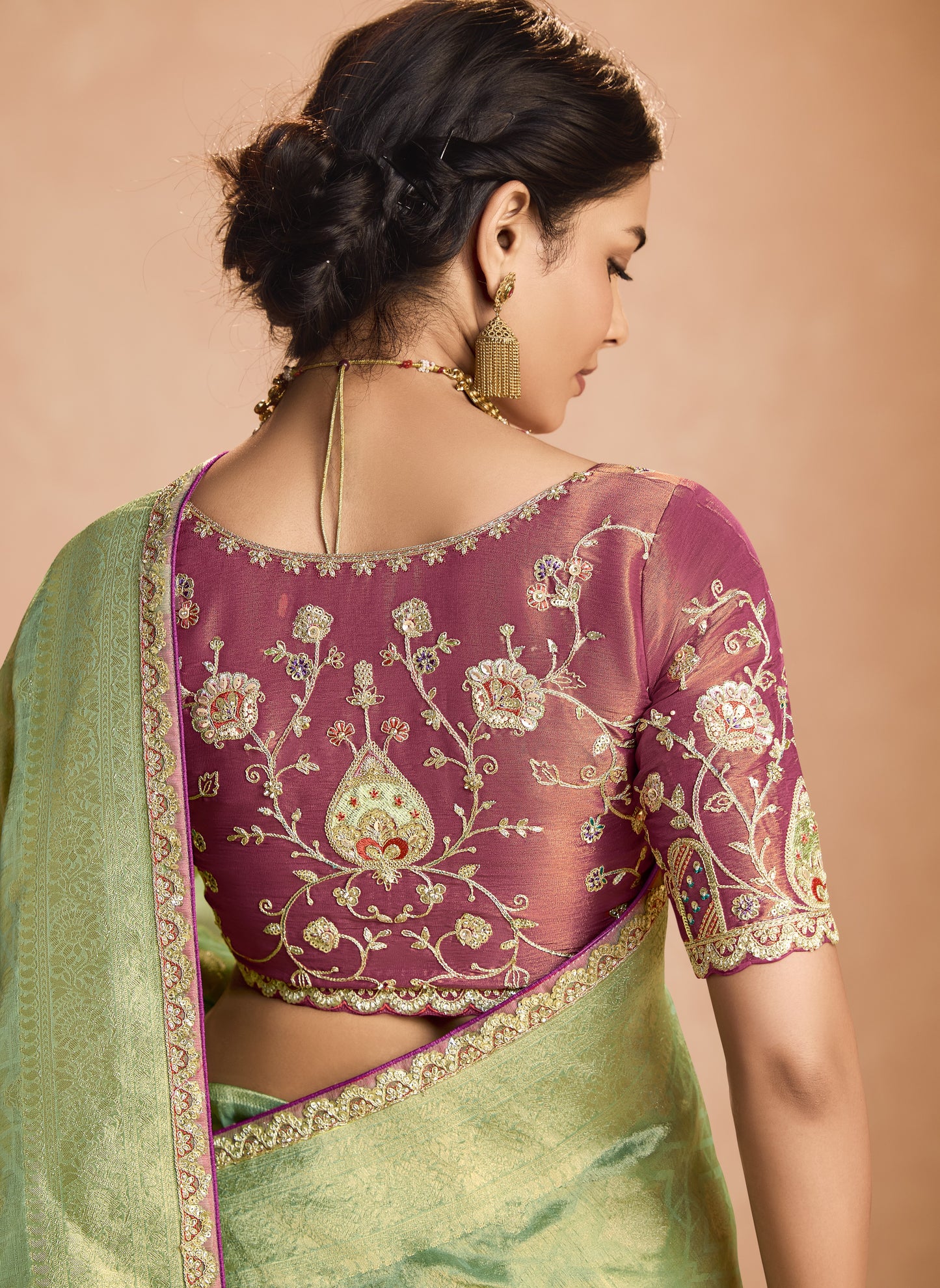 Green Tissue Silk Saree With Designer Blouse