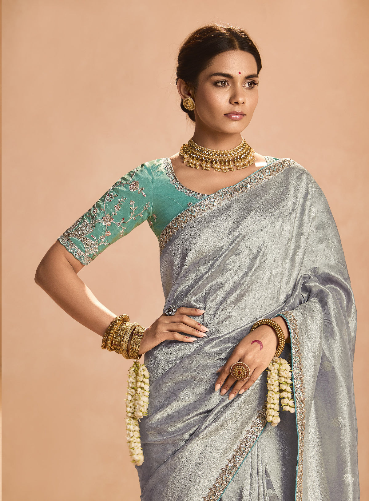 Shop Grey Banarasi Silk Sarees Online - STORI