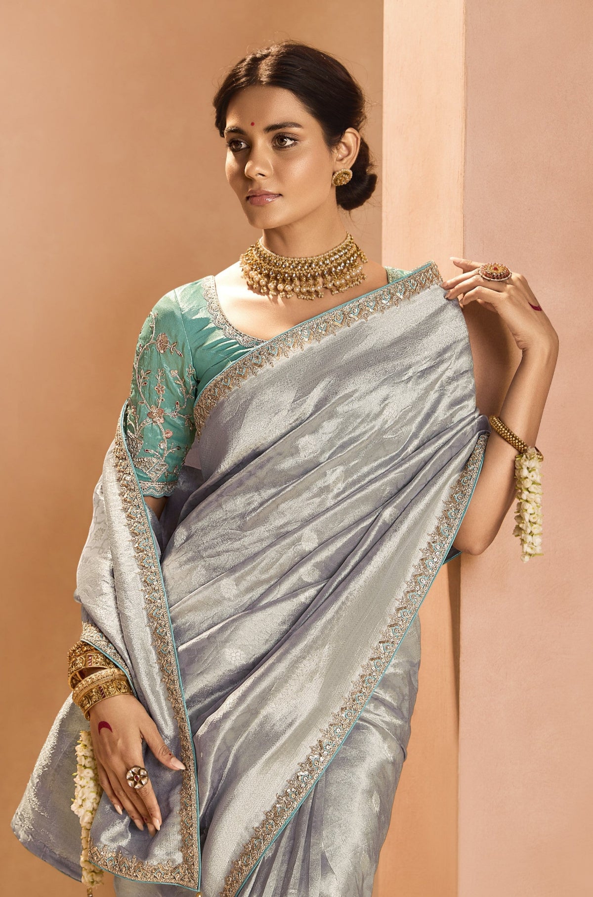 Shop Grey Banarasi Silk Sarees Online - STORI