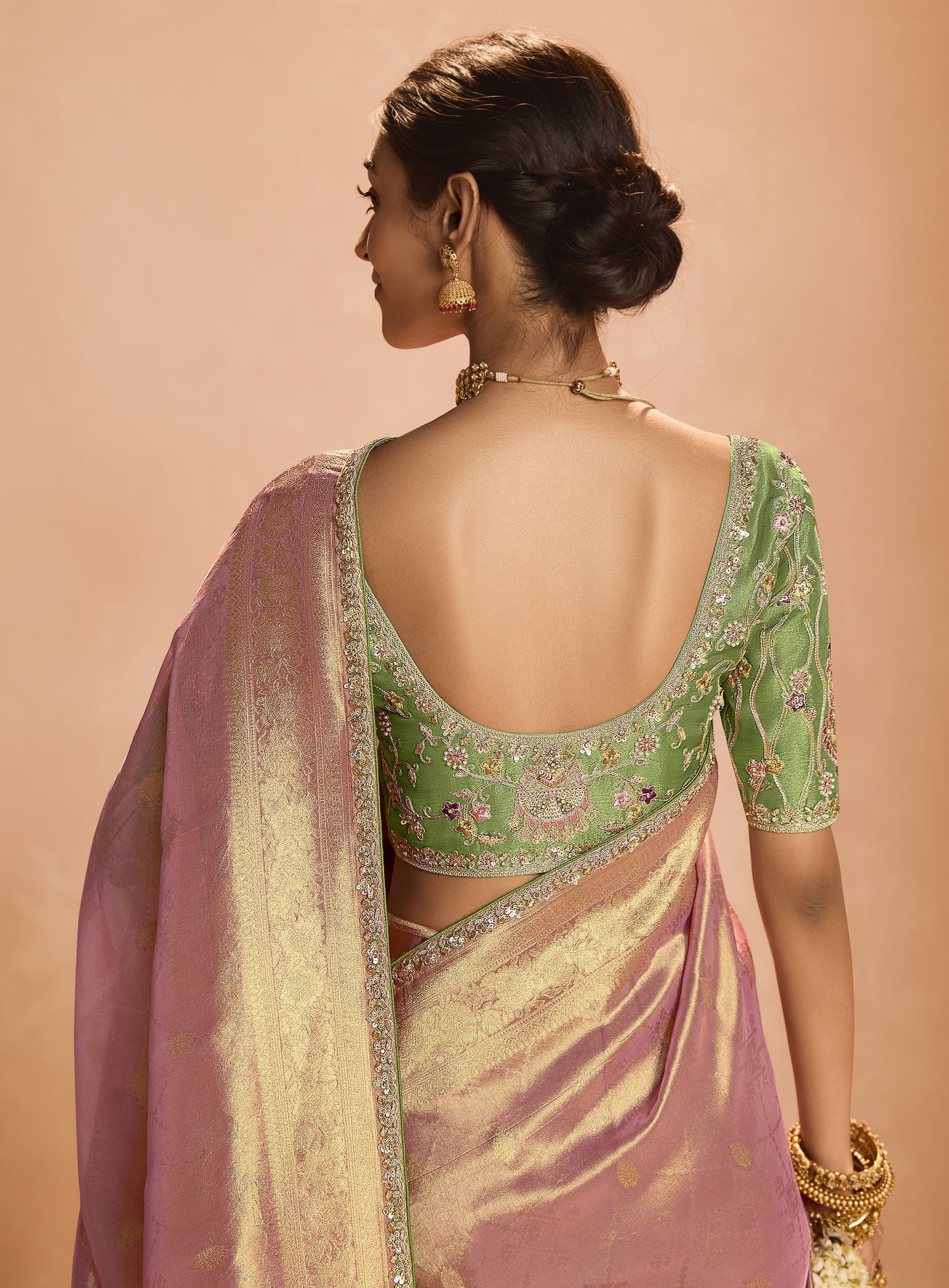 Golden Peach Tissue Silk Saree With Designer Blouse