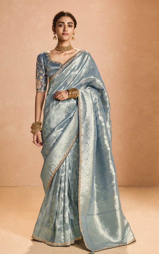 Shop Grey Banarasi Silk Sarees Online - STORI