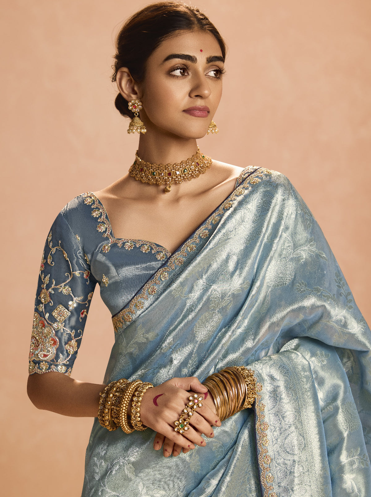 Shop Grey Banarasi Silk Sarees Online - STORI