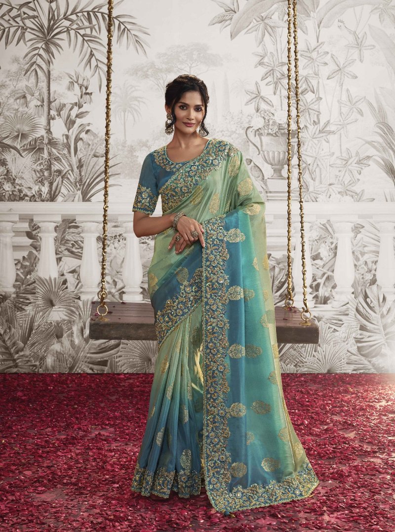 Mint Green & Blue Heavy Embroidered Designer Silk Saree