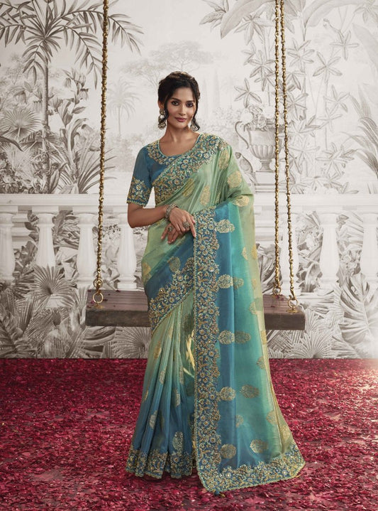 Mint Green & Blue Heavy Embroidered Designer Silk Saree