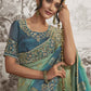 Mint Green & Blue Heavy Embroidered Designer Silk Saree