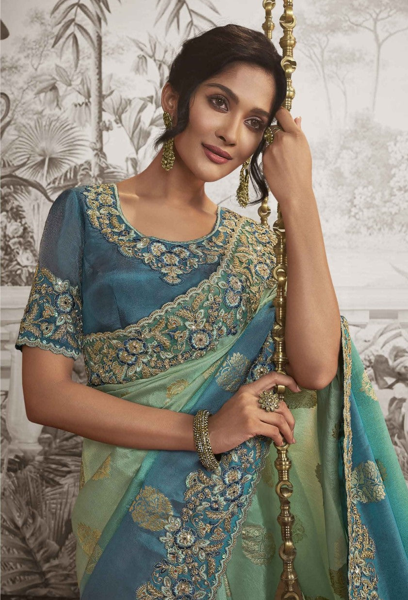 Mint Green & Blue Heavy Embroidered Designer Silk Saree