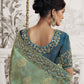 Mint Green & Blue Heavy Embroidered Designer Silk Saree