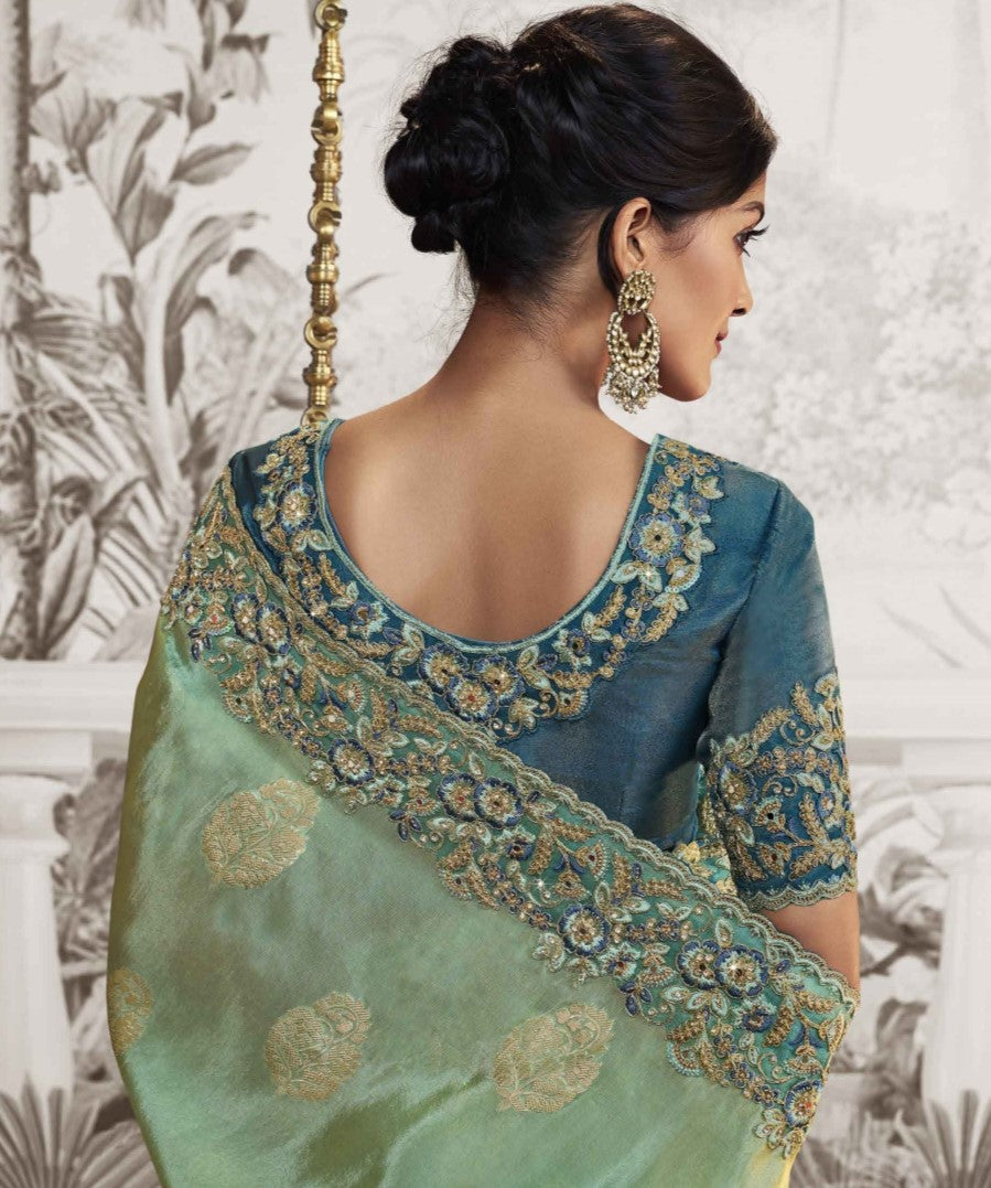 Mint Green & Blue Heavy Embroidered Designer Silk Saree