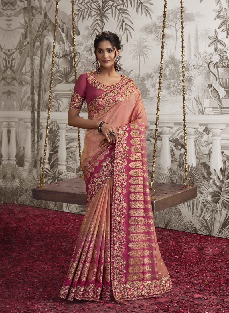 Peachish Pink Heavy Embroidered Designer Silk Saree