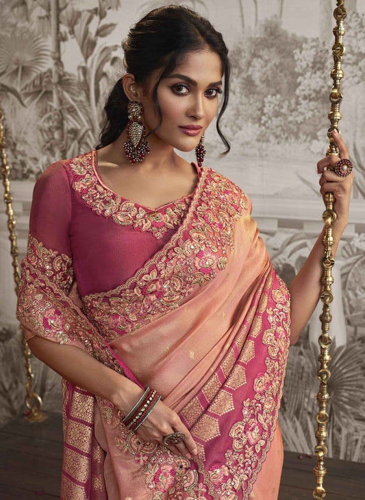 Peachish Pink Heavy Embroidered Designer Silk Saree