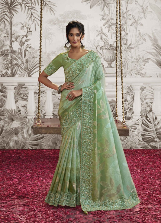 Mint Green Heavy Embroidered Designer Silk Saree