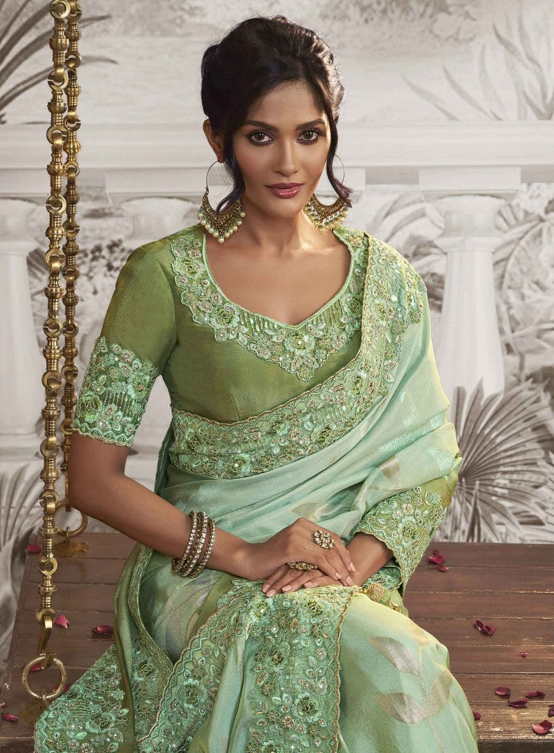Mint Green Heavy Embroidered Designer Silk Saree