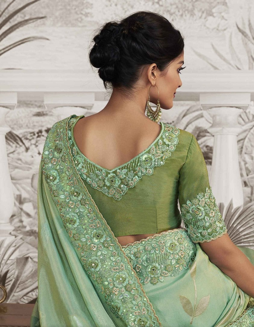 Mint Green Heavy Embroidered Designer Silk Saree