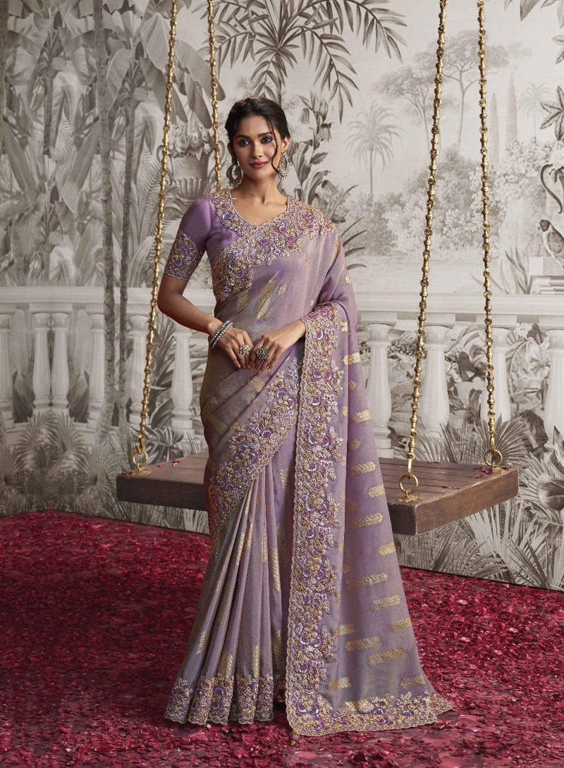 Light Purple Heavy Embroidered Designer Silk Saree