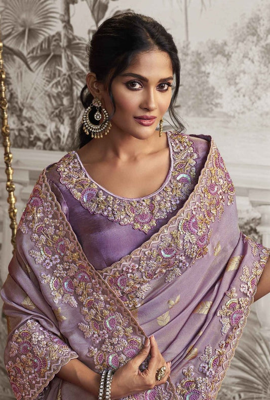 Light Purple Heavy Embroidered Designer Silk Saree