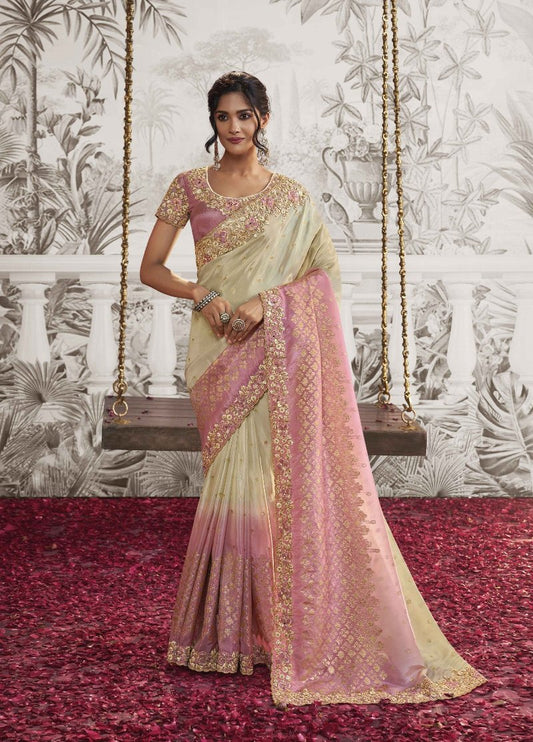 Off White & Pink Heavy Embroidered Designer Silk Saree