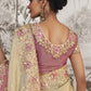 Off White & Pink Heavy Embroidered Designer Silk Saree