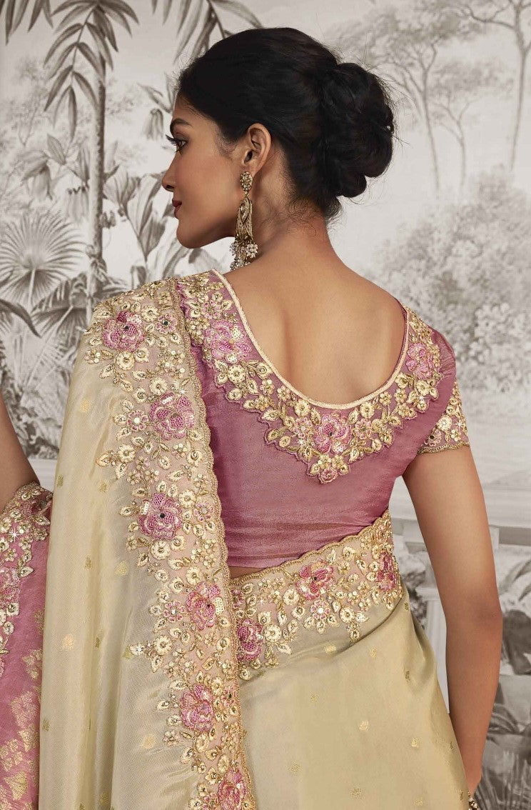 Off White & Pink Heavy Embroidered Designer Silk Saree