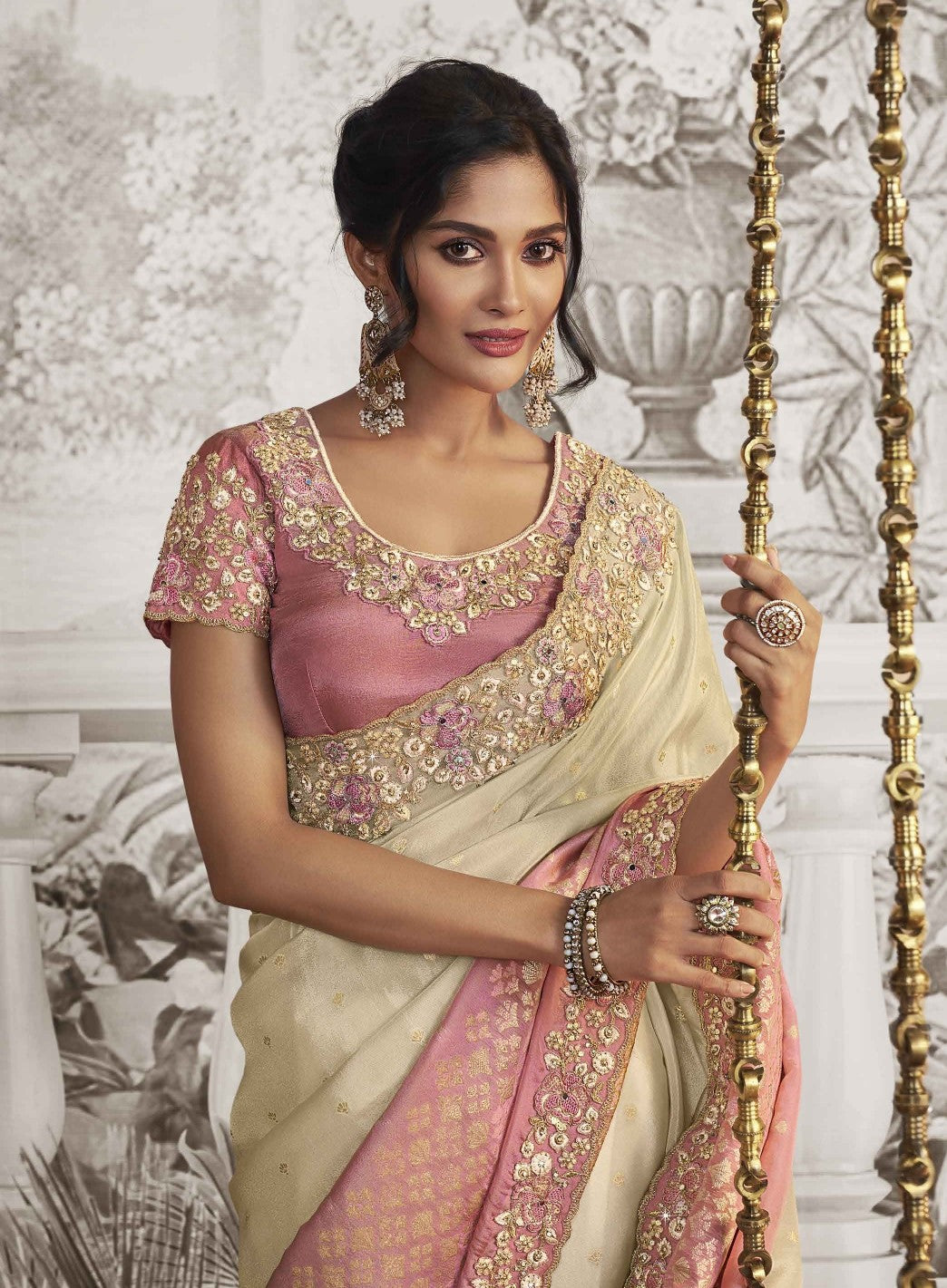 Off White & Pink Heavy Embroidered Designer Silk Saree