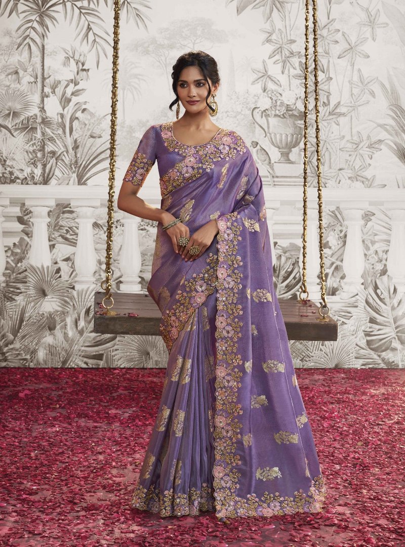 Purple Heavy Embroidered Designer Silk Saree
