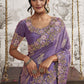 Purple Heavy Embroidered Designer Silk Saree