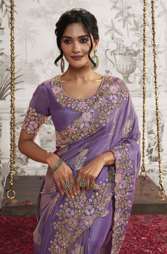 Purple Heavy Embroidered Designer Silk Saree