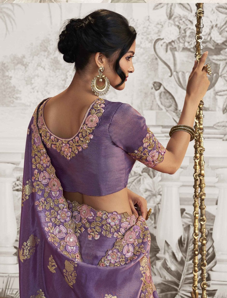 Purple Heavy Embroidered Designer Silk Saree