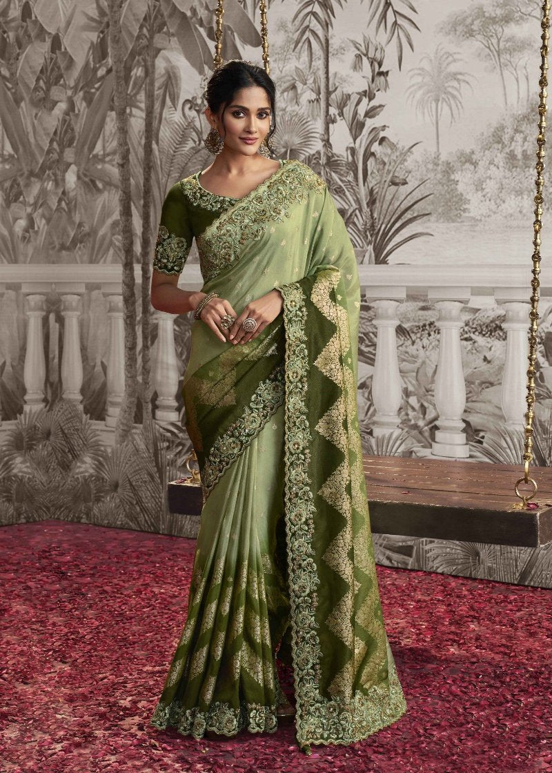 Light Green Heavy Embroidered Designer Silk Saree