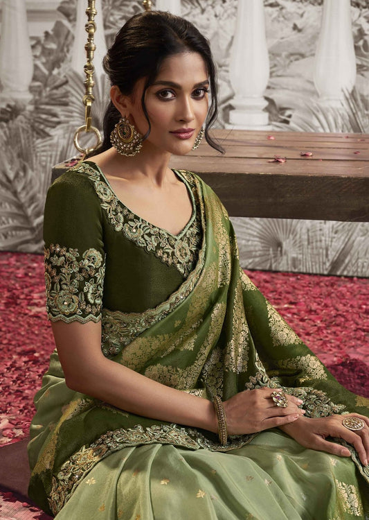 Light Green Heavy Embroidered Designer Silk Saree