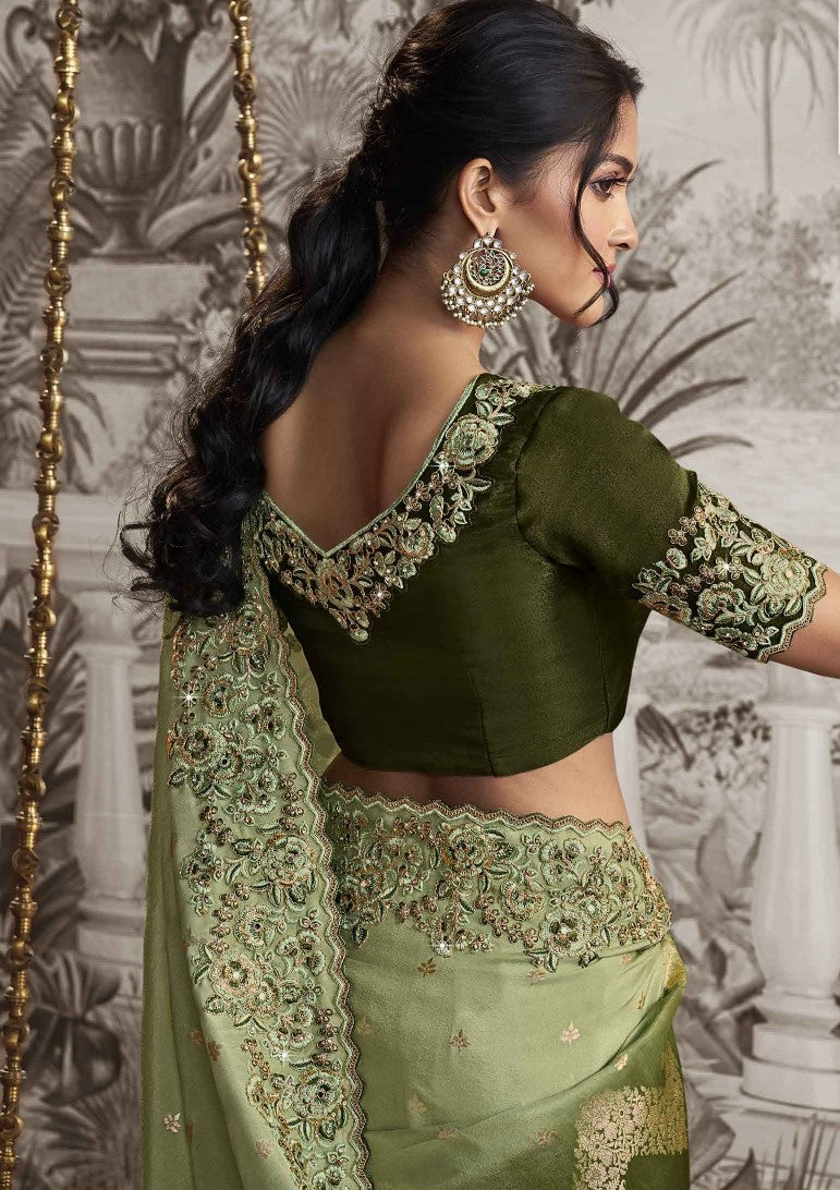 Light Green Heavy Embroidered Designer Silk Saree