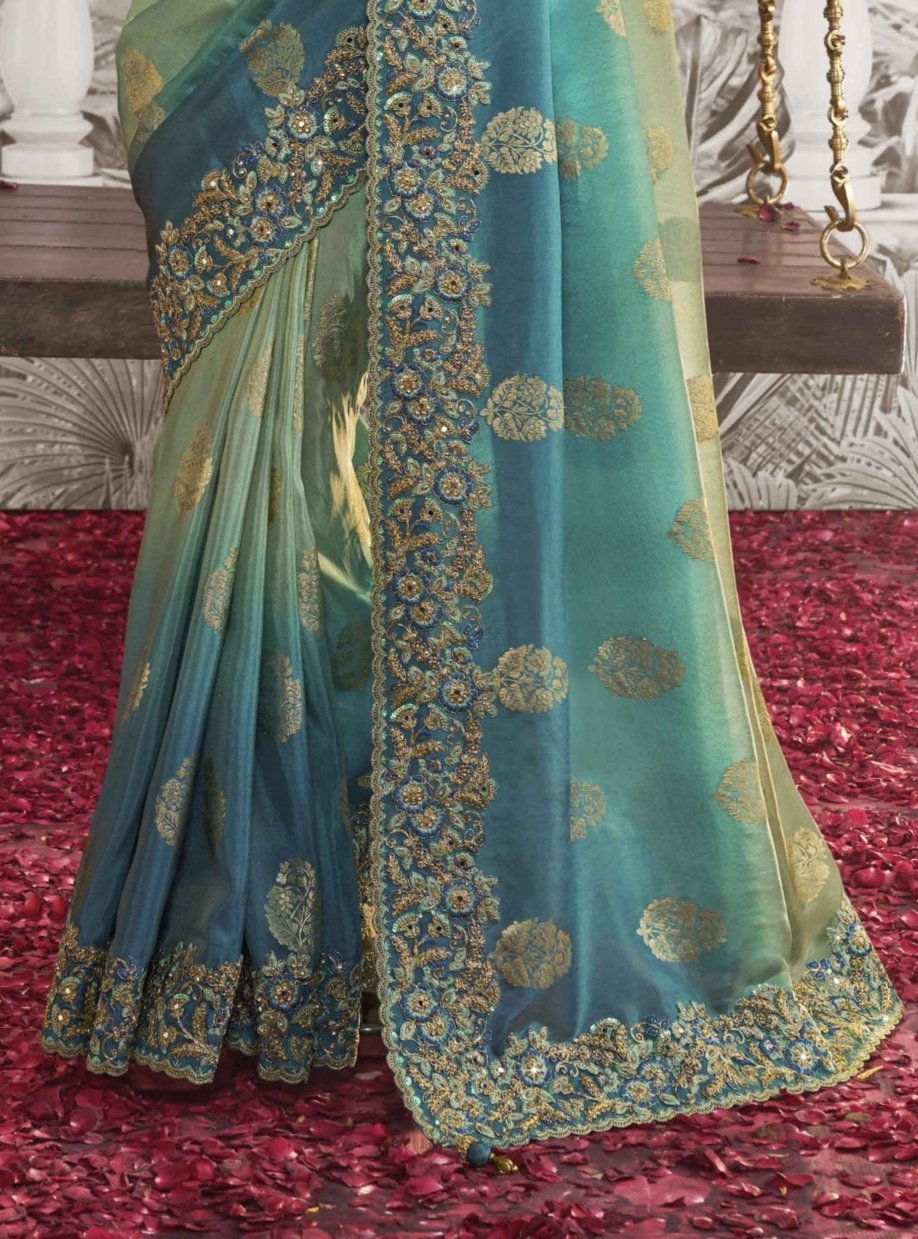 Mint Green & Blue Heavy Embroidered Designer Silk Saree