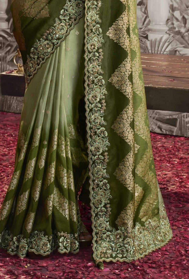 Light Green Heavy Embroidered Designer Silk Saree