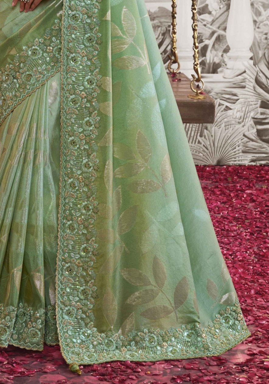 Mint Green Heavy Embroidered Designer Silk Saree