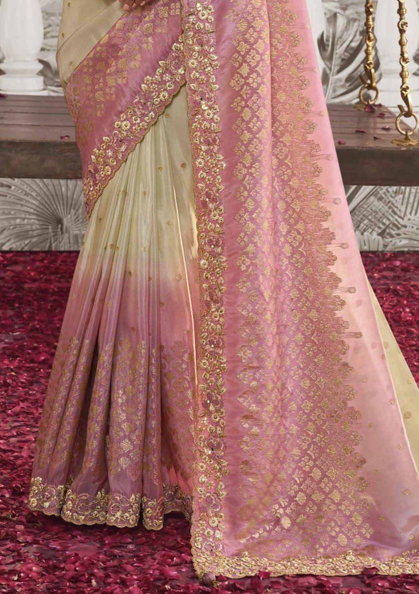 Off White & Pink Heavy Embroidered Designer Silk Saree