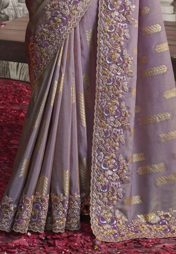 Light Purple Heavy Embroidered Designer Silk Saree