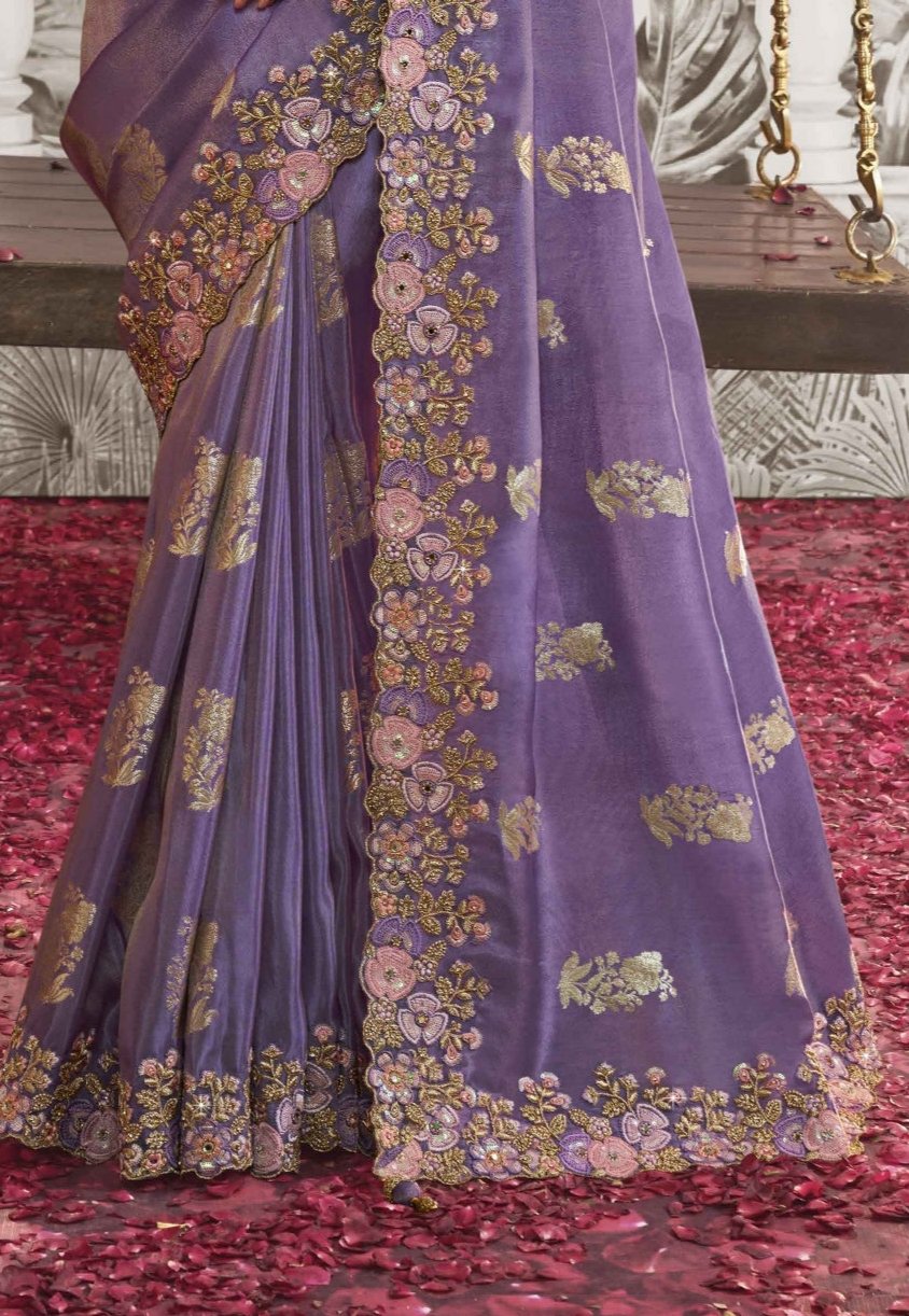 Purple Heavy Embroidered Designer Silk Saree