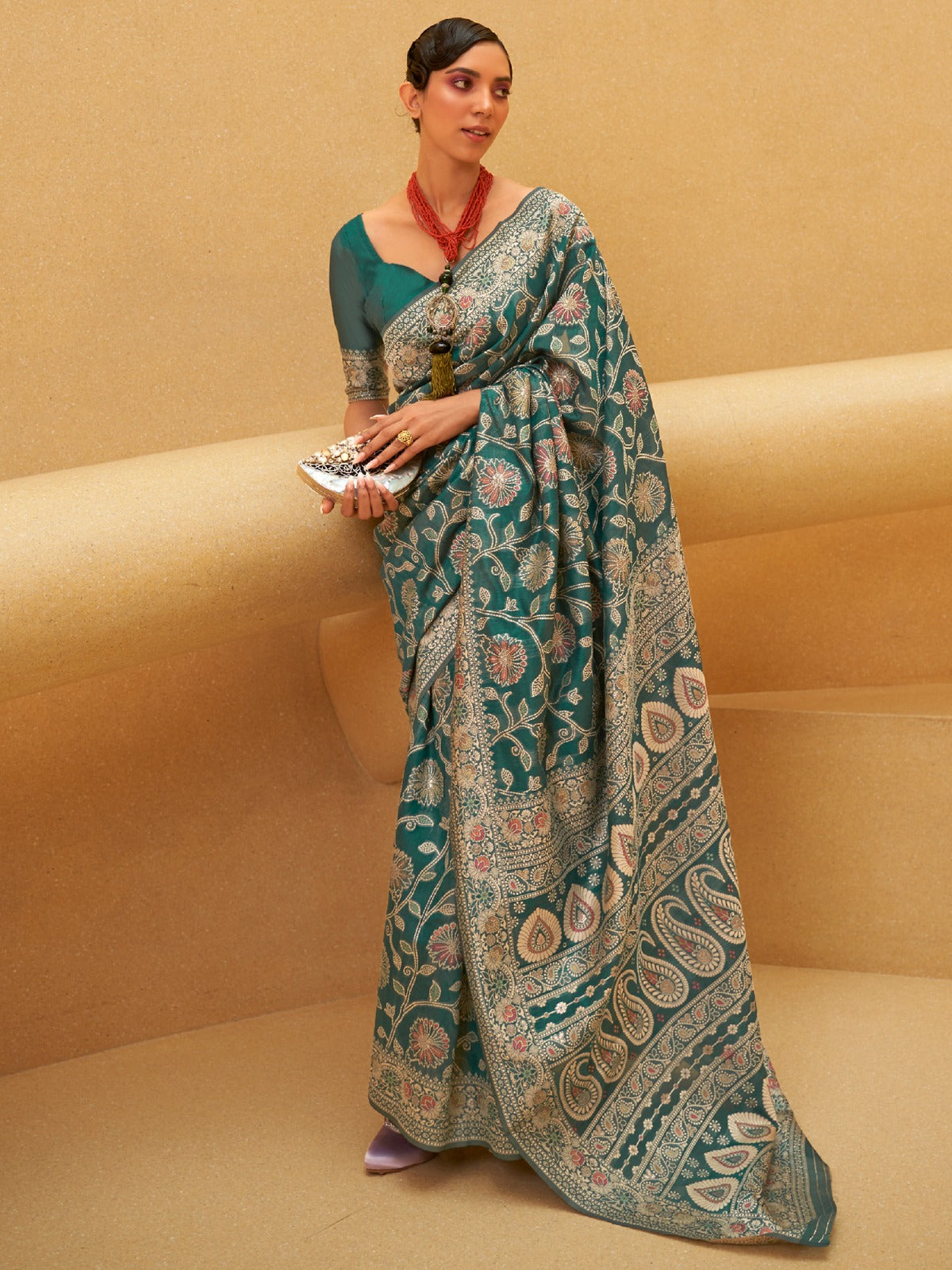 Forest Green Weaved Lucknowi Chikankari Saree