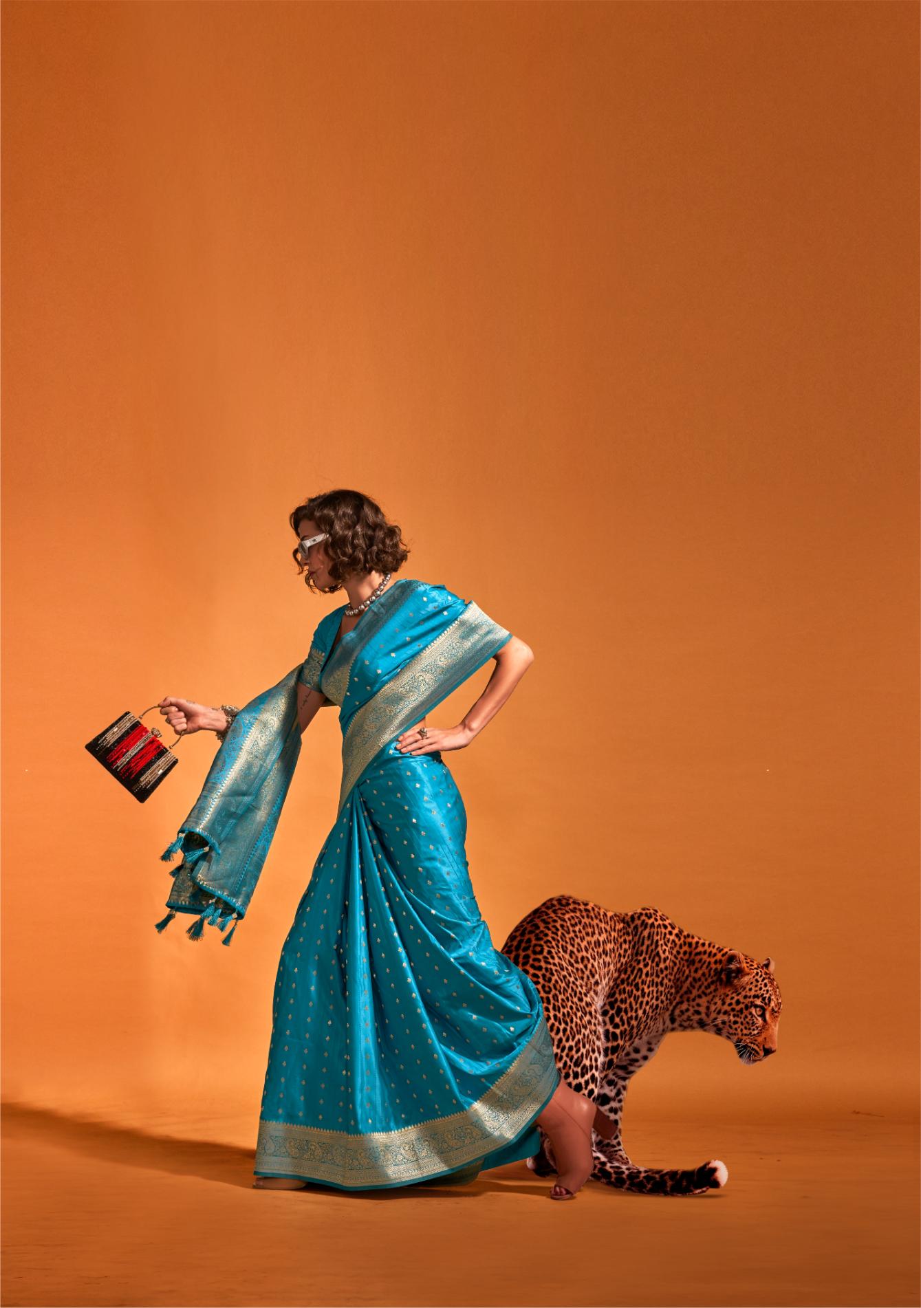 Bright Sky Blue Soft Satin Silk Saree