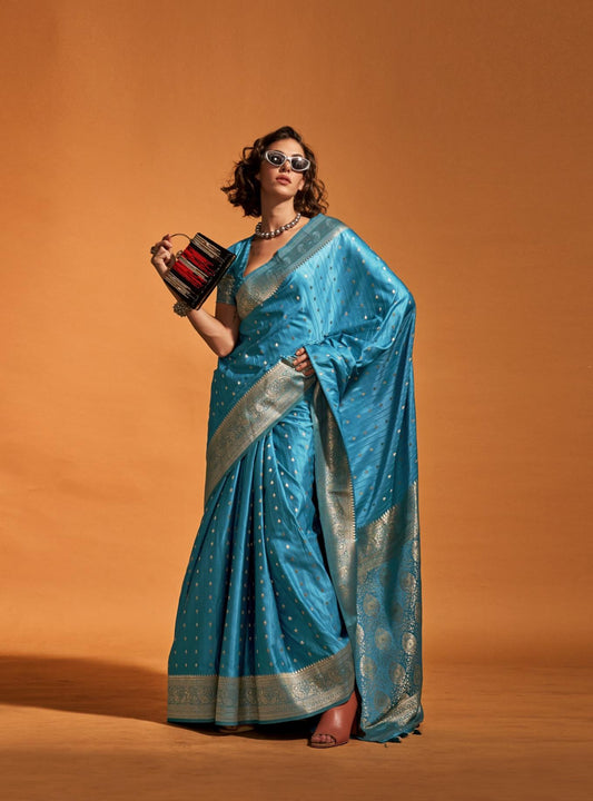 Bright Sky Blue Soft Satin Silk Saree