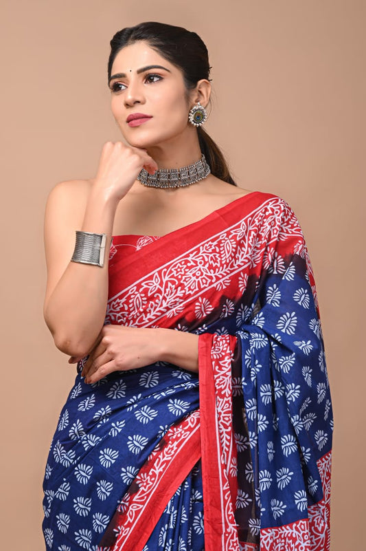 Indigo & Red Block Printed Handloom Cotton Mulmul Saree