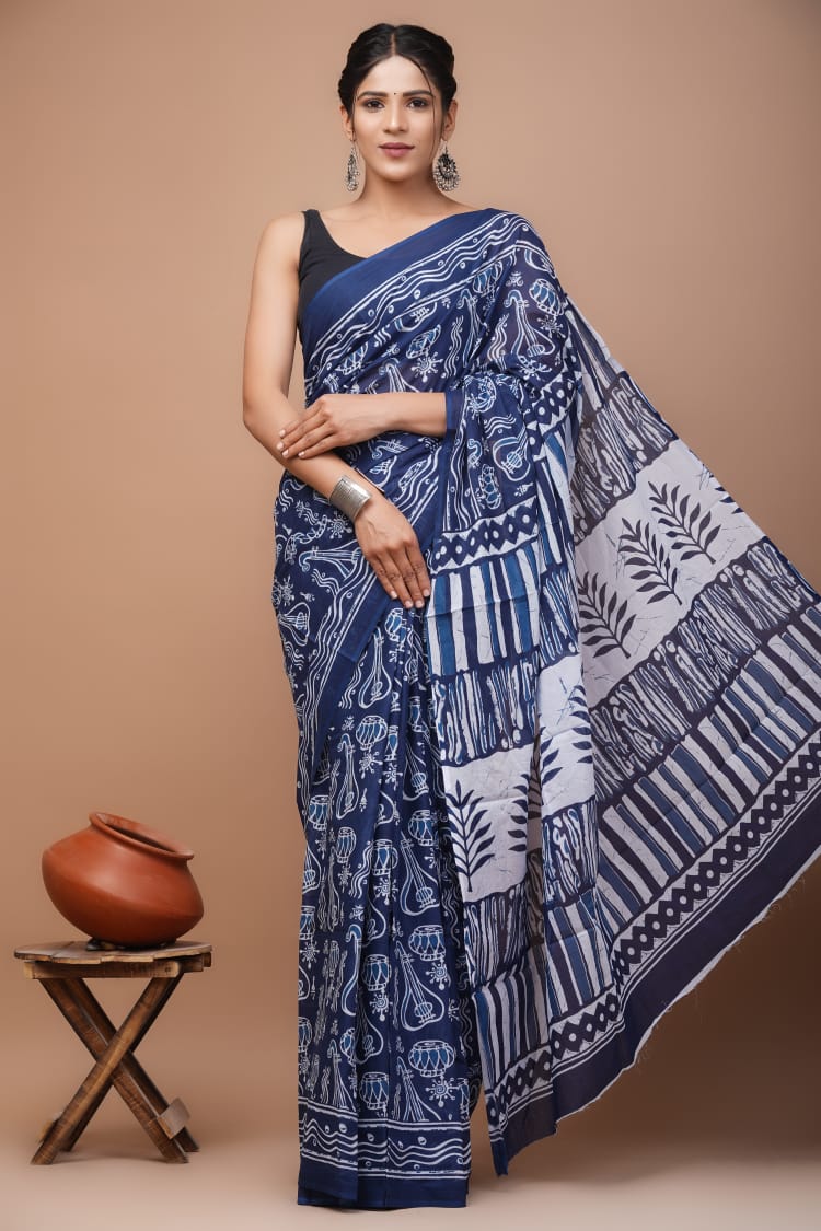 Indigo Blue Sitaar Printed Handloom Cotton Mulmul Saree